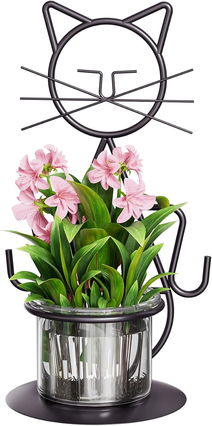 Marbrasse Plant Propagation Station, Cat Plant Terrarium with Metal Stand, Glass Planter Hydroponic Vase Birthday Gifts for Women Home Office Garden Decor Terrarium Supplies
