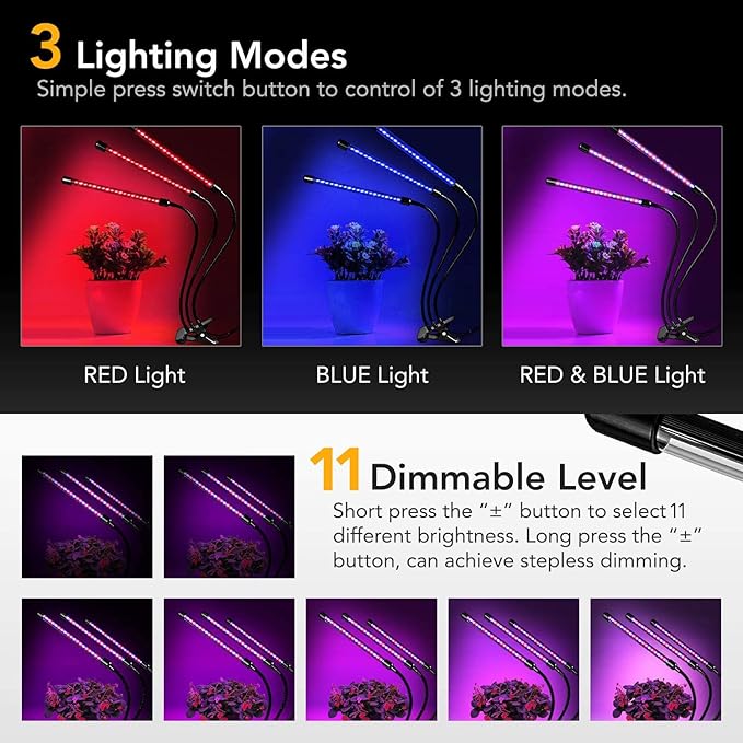 iPower 60 LED Grow Light with Full Spectrum for Indoor Plants, Adjustable Gooseneck, 3 Light Modes&10 Dimmable Levels, Auto 3H/9H/12H Timer, 3 Tudes, Red&Blue