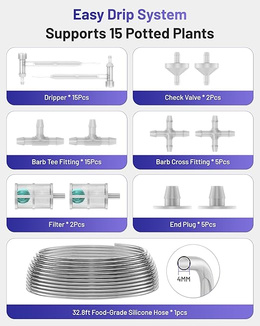 Drip Irrigation System Accessories – 32.81ft 1/4 Inch Tubing Hose & Adjustable Nozzle Emitters, Automatic Plant Waterer Replacement Kit for 15 Indoor Potted Plants