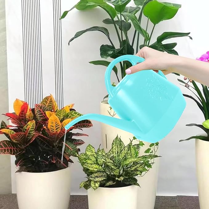 Watering Can 1 Gallon with Comfortable Handle, Flower Patterns Watering Can Indoor Plants, Plastic Long Spout Watering Can for House Plants Succulent Bonsai Garden Flower Outdoor (Light Blue)