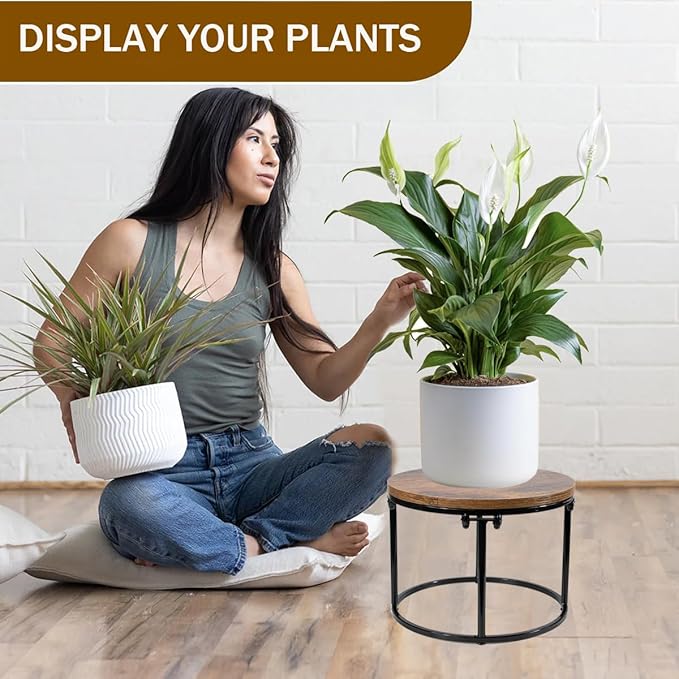 ARTORA Plant Stand Indoor Short Plant Shelf Mid Century Metal and Wood Stool Flower Pot Holder Modern Plant Display Low Rack for Living Room Balcony Garden Patio(Black&Brown)
