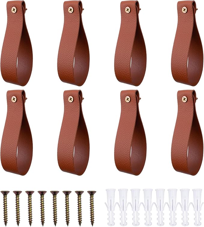 Curtain Rod Holders,Set of 8 Leather Curtain Rod Brackets with Screws,PU Curtain Rod Hangers Stylish Brown Leather Straps Hooks for Wall Pole Macrame Boho Art Décor, CH-005