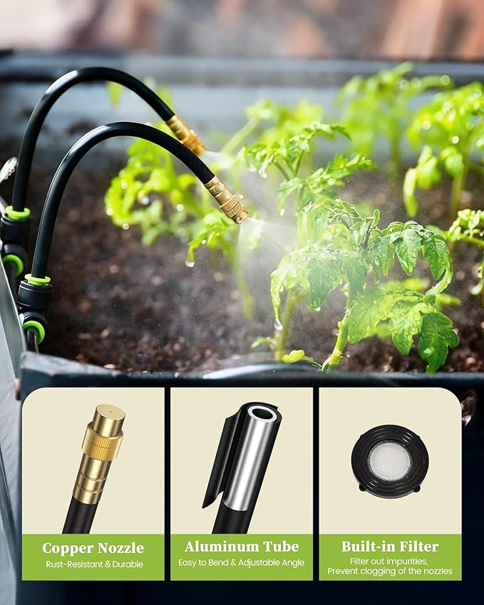 RAINPOINT Drip Irrigation System, No Pipe, only 6pcs Adjustable Copper Nobbles for Greenhouse, Lawn, Raised Beds, Outdoor Plants, Compatible with 1/4" Irrigation Tubing