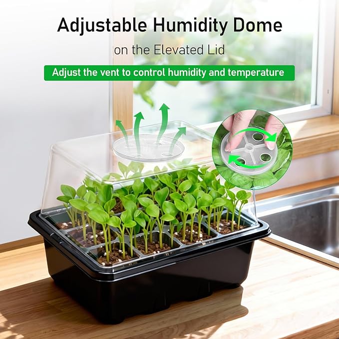 MIXC Seed Starter Tray with Elevated Lid, 120 Cells Seed Starter Kit with Adjustable Humidity Dome, Drainage Hole, Clear Heightened Lids for Indoor Outdoor Greenhouse Gardens, 10 Pack, Black