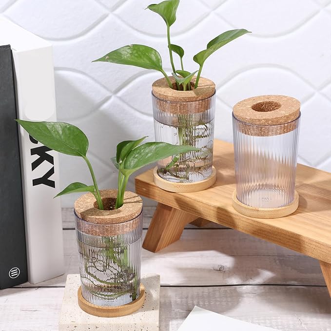 Baderke 9 Packs Propagation Vases for Plants Plastic Plant Propagation Station with Hole Lid and Bamboo Stand Growing in Water Hydroponic Home Office Table Decoration(Stripe Style)