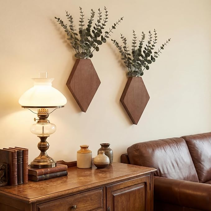 Chunful 2 Pcs Wooden Wall Planter Decor Hanging Faux Plants Greenery Flowers Holder Vase Boxes for Wall Bohemian Farmhouse Room Kitchen Office Indoor Decoration(Walnut Color,9.8 x 6.6 x 1.2 Inches)