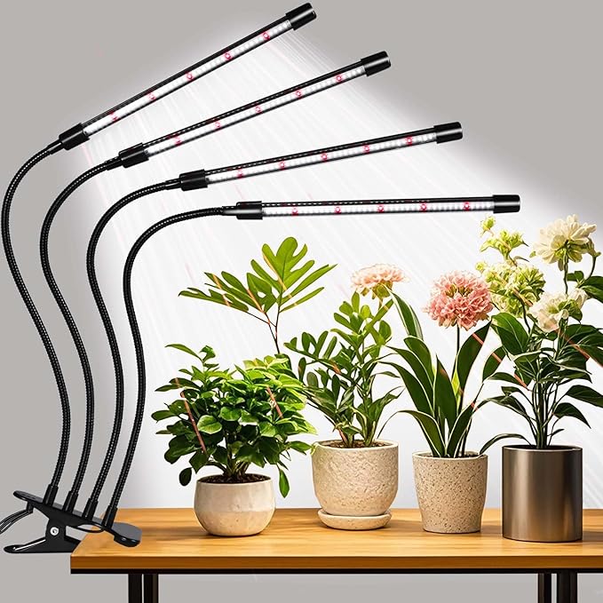 RWNTAO Grow Lights for Indoor Plants,168 LEDs Clip Plant Lights, Full Spectrum LED Plant Growing Lamps with Flexible Gooseneck, 3/9/12H Timer, 3 Spectral Modes, 10 Dimmable Levels, 4 Head
