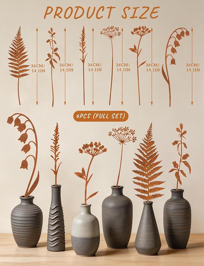 6 Pcs Metal Flowers for Outside, Decorative Garden Stakes with Rusted Finish, Outdoor Metal Yard Art Plant Stakes for Flower Bed Lawn Walkway Decor