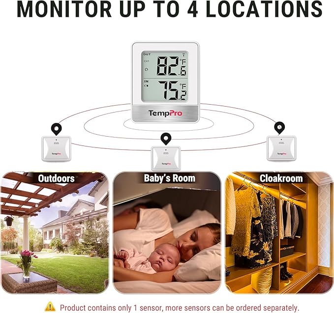 TempPro 500FT Indoor Outdoor Thermometer Wireless, Outdoor Thermometers for Patio with Temperature Sensor, Room Thermometer for House Home Reptile Baby Room Temperature Monitor (Previously ThermoPro)