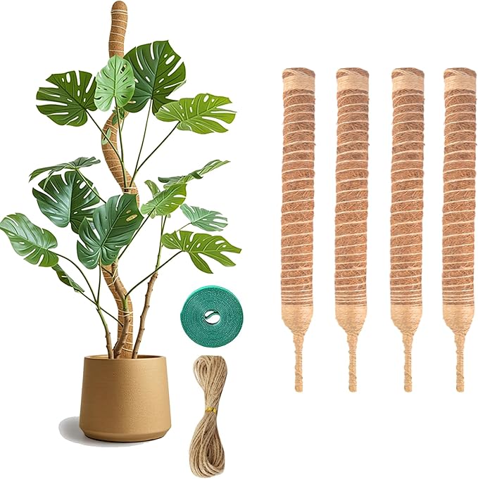 4 Pack Bendable Moss Pole 12 Inch, Monstera Plant Support Stake,Coco Coir Pole Sticks for Indoor Plants,Climbing Potted Plants，Pothos, Philodendron with Plants Ties