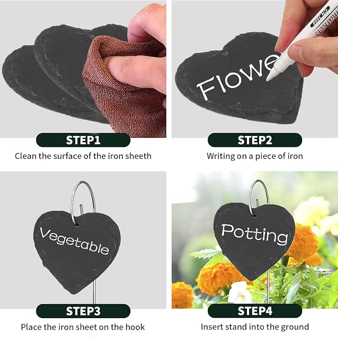 10-Pack Marble Heart Shaped Garden Markers,Weatherproof Metal Plant Labels Large Planting Seedling Stake Signs, for Seedlings Herbs Vegetable Greenhouse Gifts with White Marker Pen Labels