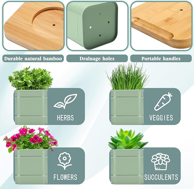 LemonRoad 6 Pcs Indoor Herb Planter Window Herb Pots for Kitchen with Drainage Hole and Bamboo Tray Farmhouse Metal Garden Planter Pot with DIY Label Mom Plant Gift(Sage Green,Square)