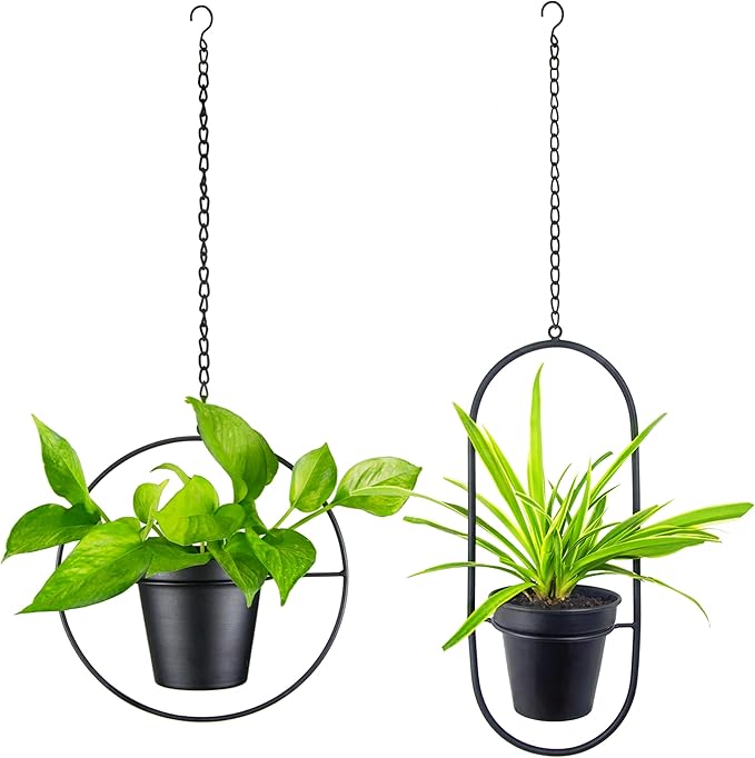 Modern Metal Hanging Planters Set of 2 - Round and Oval Geometric Plant Hangers with 5 Inch Pots - Black Wall and Ceiling Mount Flower Holders for Indoor and Covered Outdoor Décor