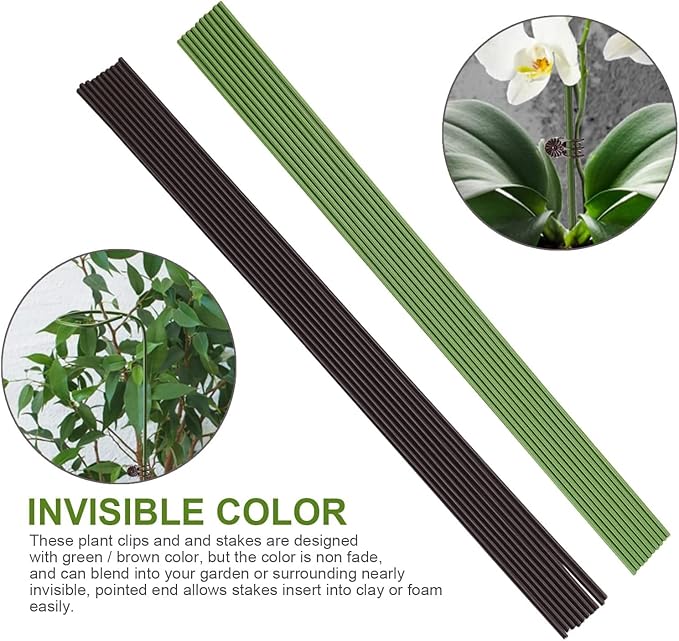 10PCS Garden Metal Plant Stakes with 15PCS Vine Fixing Clip Set, 15.75inch Tall Single Stem Flower Stakes, Bendable Plastic Coated Garden Plant Stakes Holder for Amaryllis Orchid Lily Rose(Green 40cm)