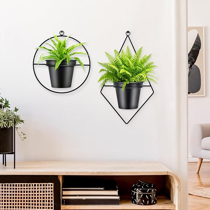 Geometric Wall Planters for Indoor Plants – Set of 2 Black Metal Wall Mounted Plant Holder (Round & Diamond Shapes) with 5 Inch Flower Pots, Modern haning planters for Indoor Outdoor Decor