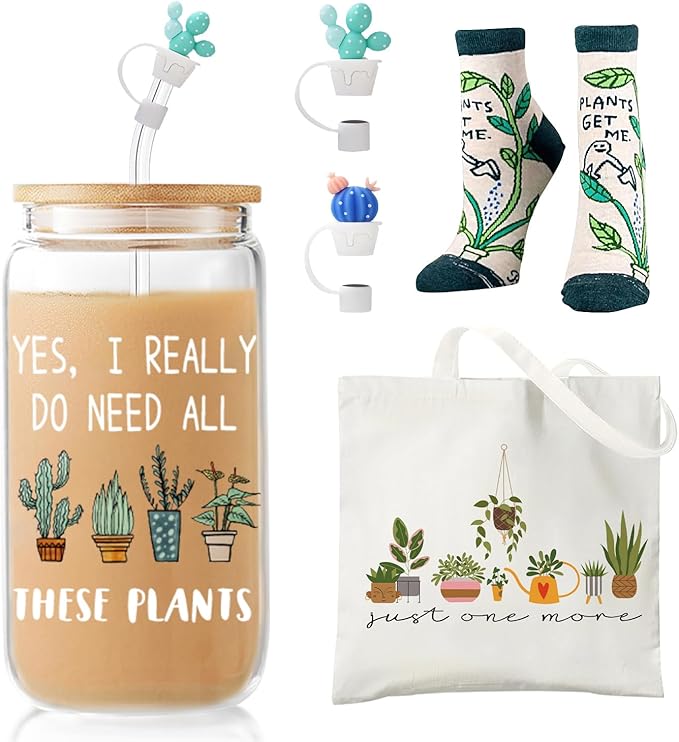 Plant Lover Gifts for Women, Cool Gardening Gifts for Plant Lady Mom, Funny Succulent Cactus Iced Coffee Glass Cup with Lid and Straw, Tote Bag, Socks, and Straw Covers