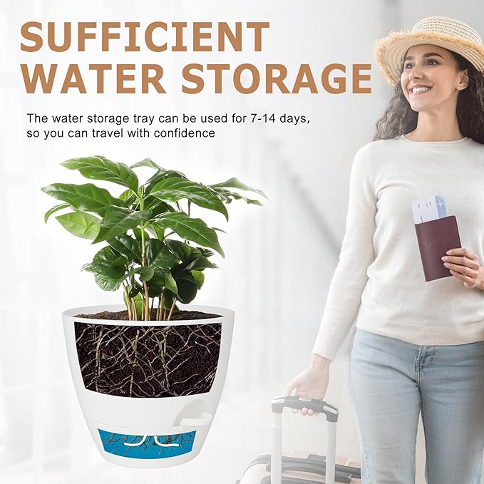 QRRICA Plant Pots 10/9/8/7.5/7 Inch Self Watering Pots, Set of 5 Plastic Planters with Drainage Holes and Saucers,Plastic Flower Pots,Nursery Planting Pot for Indoor Out Door Plants(Pure White)