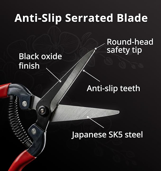 Gardeness SK5 High Carbon Steel Floral Scissors, 6mm Cutting Capacity Ultra Sharp Serrated Blade, Lightweight Effort-Saving Garden Snips & Flower Clippers for Stems, Bonsai and Fruit Picking