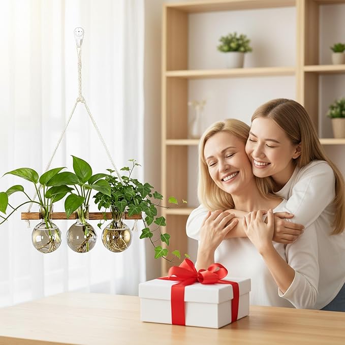 Plant Propagation Station Wall Hanging, Planter Terrariums with Wooden Stand for Hydroponics Plants and Cuttings, 3 Bulb Propagation Vases, Home Office Wall Decor, Gift for Plant Lovers