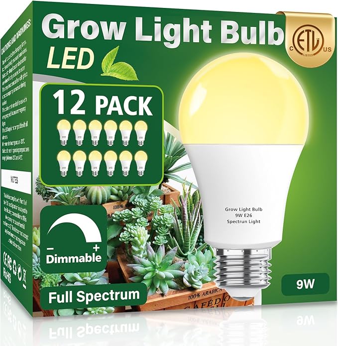12 Pack Full Spectrum Grow Light Bulbs,A19 Grow Lights for Indoor Plants,Dimmable E26 9W Grow Bulb Replace up to 100W,Plant Lights for Indoor Growing,Flowers,Greenhouse,Indore