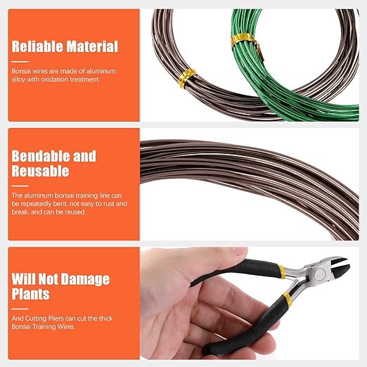 Tanstic 6Pcs Bonsai Training Wire Kit, 0.8mm, 1mm, 1.5mm, 2mm, 3mm 82 Feet Total Aluminum Bonsai Wires with Wire Cutter for Bonsai Trees Indoor(16.4 Feet for Each Roll)