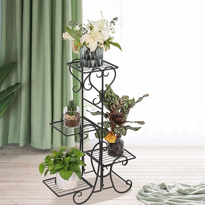 Plant Stand Indoor Outdoor, 4 Tier Metal Flower Pot Holder Shelves for Multiple Plants, Multi Tiered Planter Rack Display Shelf for Patio Garden Living Room (YH-CJ007)