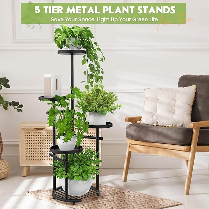 TOSKING 5-Tier Tall Plant Stand Indoor & Outdoor, Anti-Tip Round Base for Pots, Child and Pet Friendly, Heavy Duty Corner Shelf for Multiple Plants, Space-Saving Design for Living Room Balcony Garden (Black, 38in)