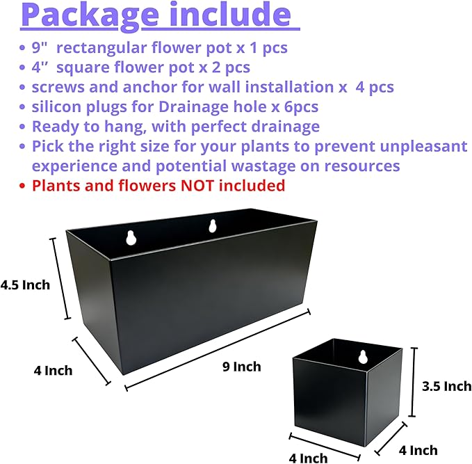 LaLaGreen Wall Planters (3 Set) Rectangular Wall Mounted Hanging Flower Boxes for Indoor Plants, Black Carbon Steel Metal Windox Box Planter Plant Pot Modern Balcony Windowsill Herb Home Garden Decor
