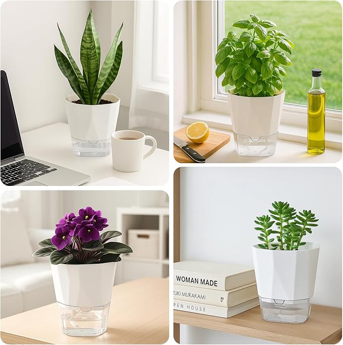 4 Pack Self Watering Pots for Indoor Plants, 10 Inches Self Watering Planters African Violet Pots Clear Pots for Herb Orchid Flower Houseplant, White