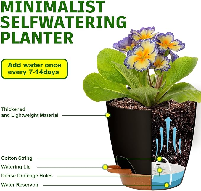 5-Pack Plant Pots with Drainage 7/6.5/6/5.5/5 Inch Self Watering Pots for Indoor Outdoor Plants, Plastic Flower Pots with Drainage Holes and Removable Saucers, Plant Pots with Wicking Rope (Black)