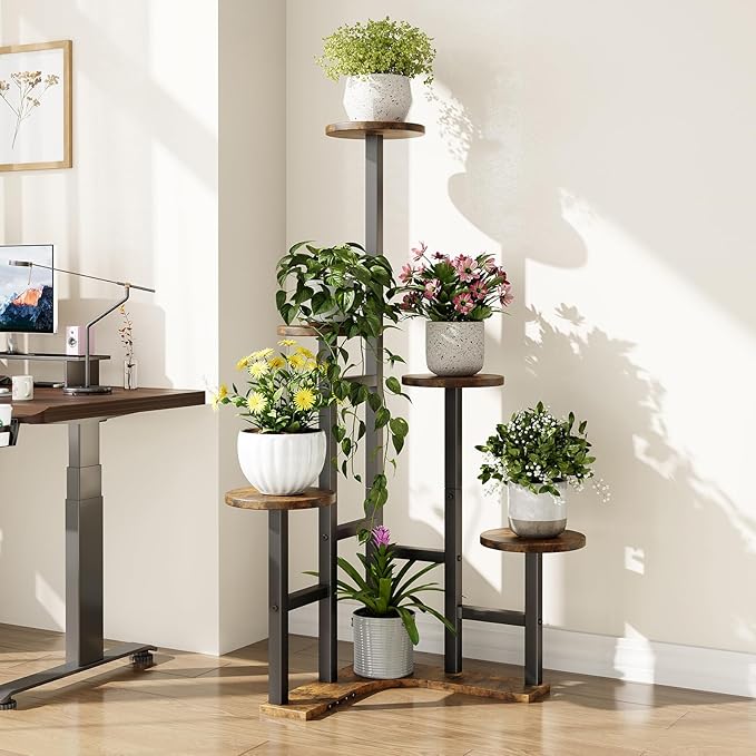 Yzosvki Corner Plant Stand Indoor, 6 Tiered Corner Plant Shelf Flower Stand for Multiple Plants, Plant Shelves Organizer Rack for Living Room, Balcony, Patio, Garden, Round Rustic Brown