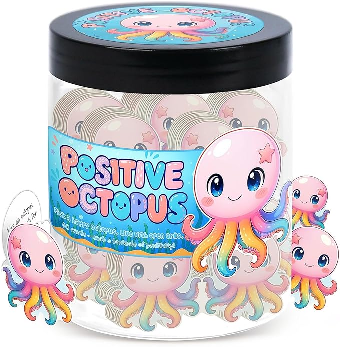 Positive Octopus Jar with 60 Daily Affirmation Cards, Emotional Support Octopus Decor, Inspiring Gift for Women and Men, Cute Motivational Desk Jar Offering Encouragement for Friends or Coworkers
