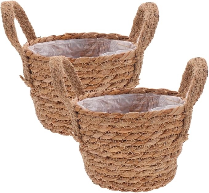 Alipis Seagrass Basket Planter Woven Flower Pots 2pcs 15cm Rattan Storage Basket Plant Container Straw Flower Pot for Indoor and Outdoor Plants