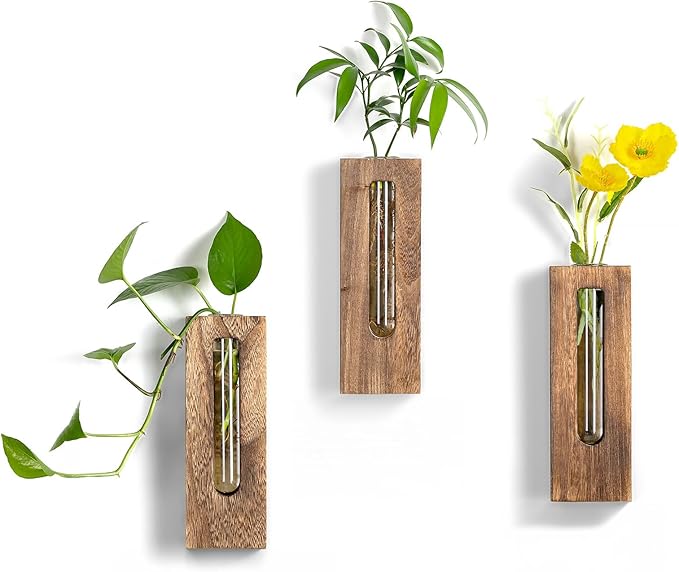 Wall Hanging Plant Propagation Station: Wood Farmhouse Wall Decor for Livingroom Kitchen - Hanging Glass Planter Tubes for Indoor Dried Flowers Eucalyptus Gifts for Women Plants Lovers