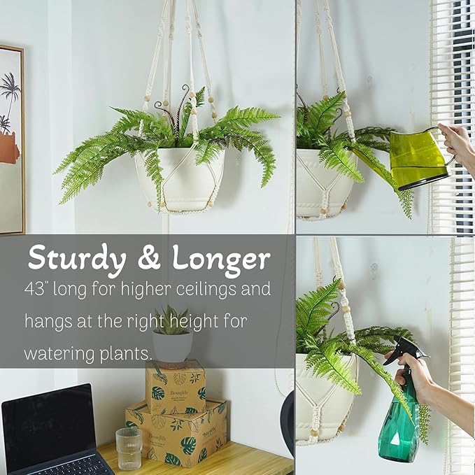 Bouqlife 43 Inches Macrame Plant Hanger Large for 12 inch Pot Extra Long No Tassel Cotton Rope Hanging Plant Holder with Ceiling Hook Bohemian Home Decor