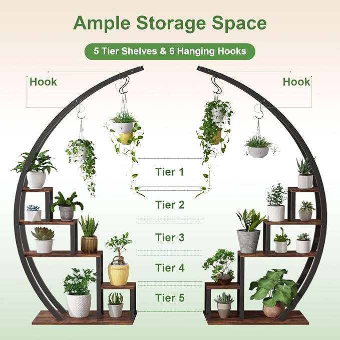 Patikuin 5-Tier Half Moon Metal Plant Stand Set of 2 – Tall Indoor & Outdoor Ladder Flower Shelf Rack with Hanging Hooks, Modern Multi-Tier Display for Living Room, Balcony & Garden