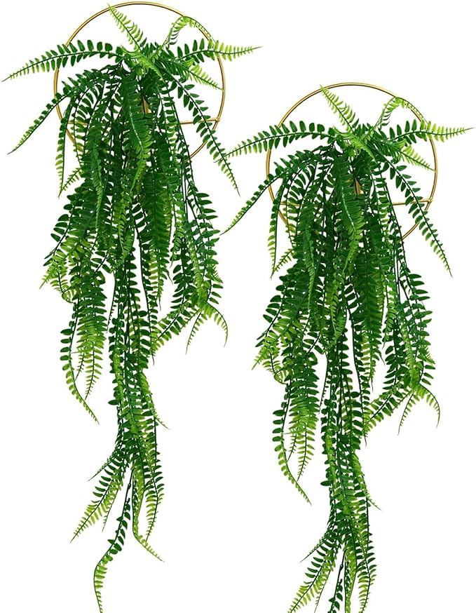 GREENTIME 2 Pack Fake Plants Hanging Artificial Ivy Vine with Gold Round Metal Hanging Vase Faux Hanging Boston Fern for Teacher Appreciation Living Room Bedroom Boho Kitche Wall Shelf Outdoor