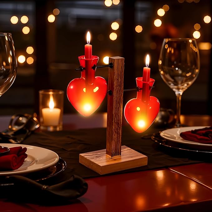 Remerry Red Heart Plant Terrarium with Wooden Stand 2 Heart Glass Vases Planter Propagation Station Tabletop Planter for Hydroponics Decor Plant Lover Gift