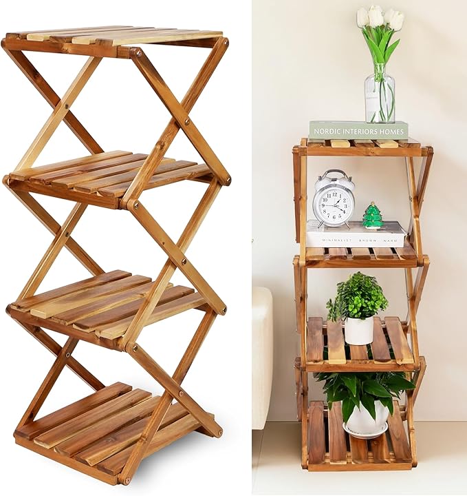 BEEFURNI Acacia Ladder Plant Stand Indoor Corner, Wooden Outdoor Plant Stand 4 Tier, Foldable Multi Tier Plant Stand, Corner Plant Stand Indoor, Tall Plant Rack For Office, Balcony, Patio, 1-year Warranty