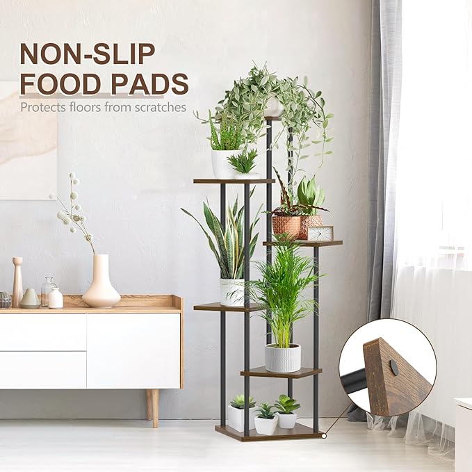 Oppro 6 Tier Plant Stand Indoor Outdoor, Tall Metal Wood Muti-Level Planter Shelf Holder, Sturdy Large Vertical Corner Orchid Flower Pot Display Rack for Narrow House Decor Office Living Room Bedroom, Oak