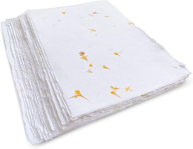 Wanderings Handmade White Deckle Edge Paper with Real Flower Petals - 5.8" x 8.3 - A5 Size Package of 50 - Mixed Media Loose Leaf Paper for Watercolor Writers Invitations Crafts - Thick 150 GSM