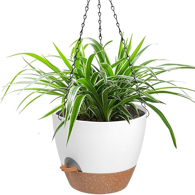 Vanslogreen Hanging Planters for Indoor Outdoor Plants, 1 Set Self Watering Hanging Pot with Drainage Holes & Removable Tray (White-12inch, 12'')