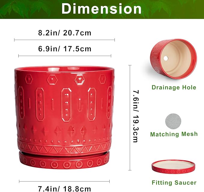 Eightpot Ceramic Plant Pots, 8 Inch Plant Pots Indoor Outdoor, Round Flower Pot with Drainage Hole and Sacuer, Boho Pot for Plants, Decorative Planter, Home Room Bathroom Decor, Garden Gifts, Red