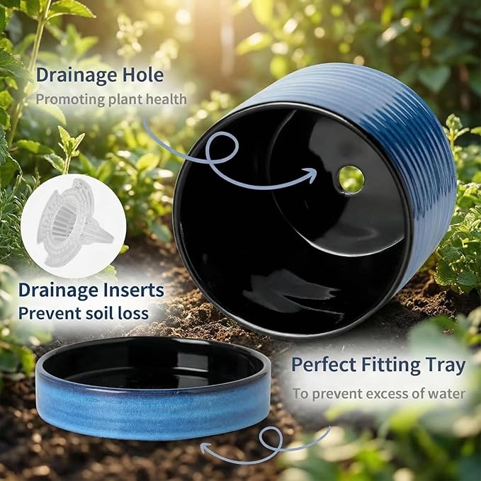 HASENSE Ceramic Plant Pots Indoor Outdoor, 6 Inch Round Pot for Plants with Drainage Hole and Saucer, Reactive Glaze Blue Planter for Herb Snake, Ideal for Mom Gift