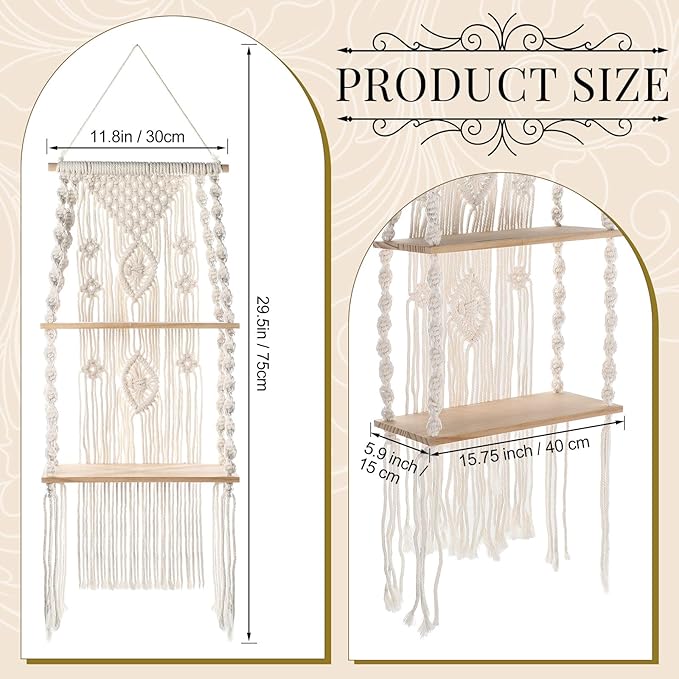 Barydat 2 Pack Macrame Wall Hanging Shelf 2 Tier Handmade Boho Hanging Wall Shelf Floating Woven Rope Decorative Storage Racks Holder Organizer for Home Bedroom Bathroom Plants, Beige (Retro)