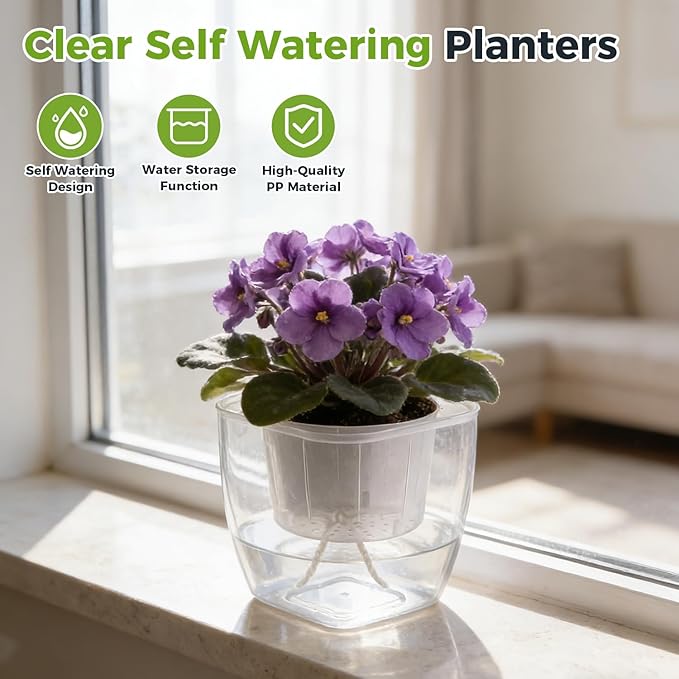 12-Pack Clear Self Watering Planters for Indoor Plants 7" Large African Violet Plant Pots Plastic Wick Flower Pots with Water Injection Hole, Orchid Plant Pot Set, Clear