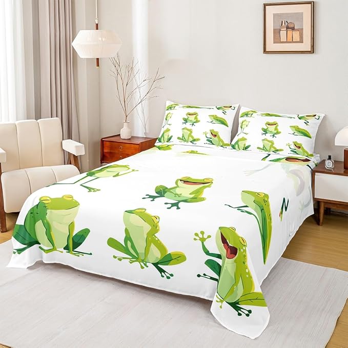 Kids Bed Sheet Set Queen Cute Frog Print Bed Sheets For Boys Girls Bedroom Super Soft and Cozy Cute Cartoon Animal Pattern Sheets Set Lightweight Green Frogs Nature Theme Bed Set With 2 Pillowcase
