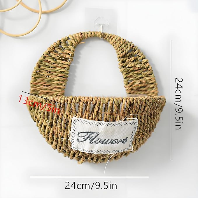 Hand-Woven Seagrass Wall Hanging Basket, Boho Half-Moon Hanging Planter with "Flowers" Label, Rustic Wall Mounted Storage Basket for Plants, Keys, Small Decor (Natural Seagrass)
