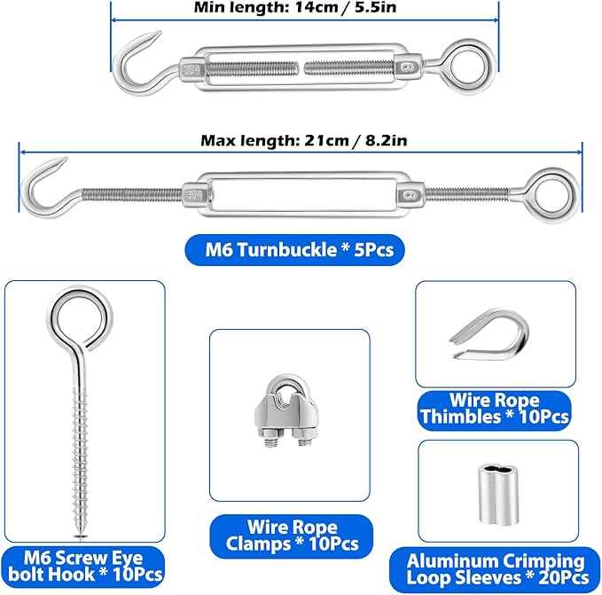 TooTaci 1/8" Wire Rope Kit, 100ft 304 Stainless Steel Cable 7×7 Strands, M6 Turnbuckles for Cables Wire, Aircraft Cable Heavy Duty with Turnbuckle Tensioner Kit for Strings Light Hanging