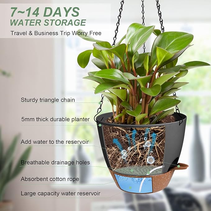 Vanslogreen Hanging Planters for Indoor Outdoor Plants, 2 Pack Self Watering Hanging Pot with Drainage Holes & Removable Tray (Black, 8'')